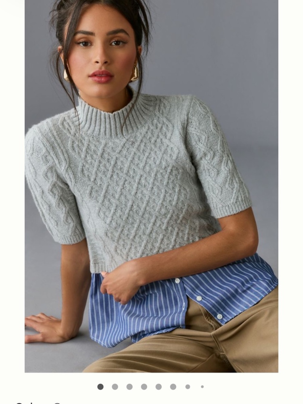 Anthropologie Light Gray Cable-Knit Short-Sleeve Sweater
